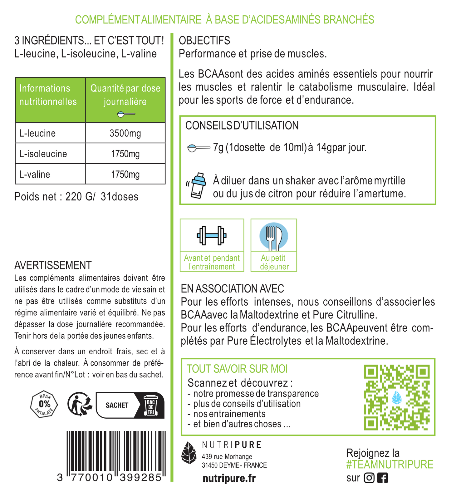BCAA 2.1.1 Nutripure – Acides Aminés Essentiels