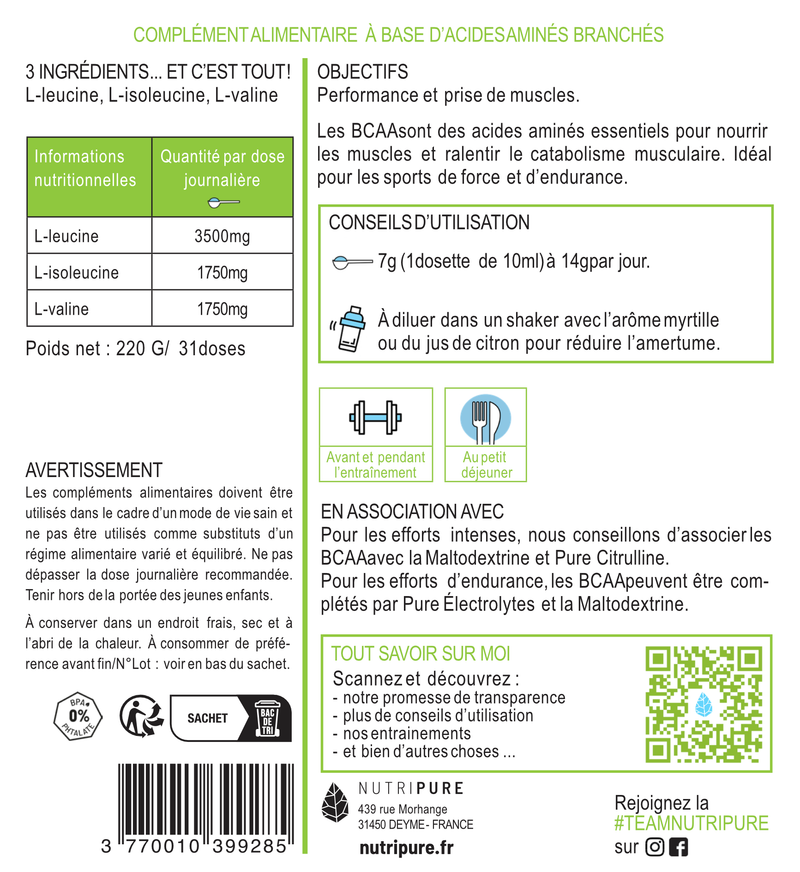BCAA 2.1.1 Nutripure 220g – Acides Aminés Essentiels
