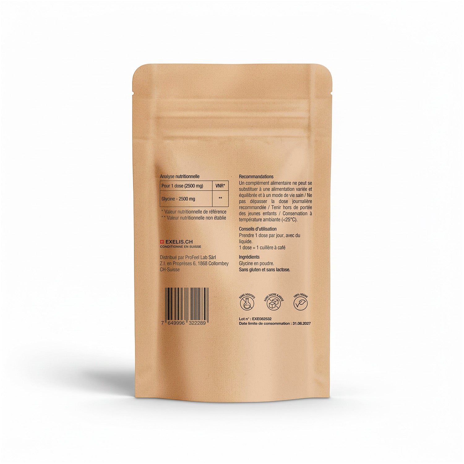 EXELIS Glycine Pure en poudre Acides aminés Suisse Mock Up Verso
