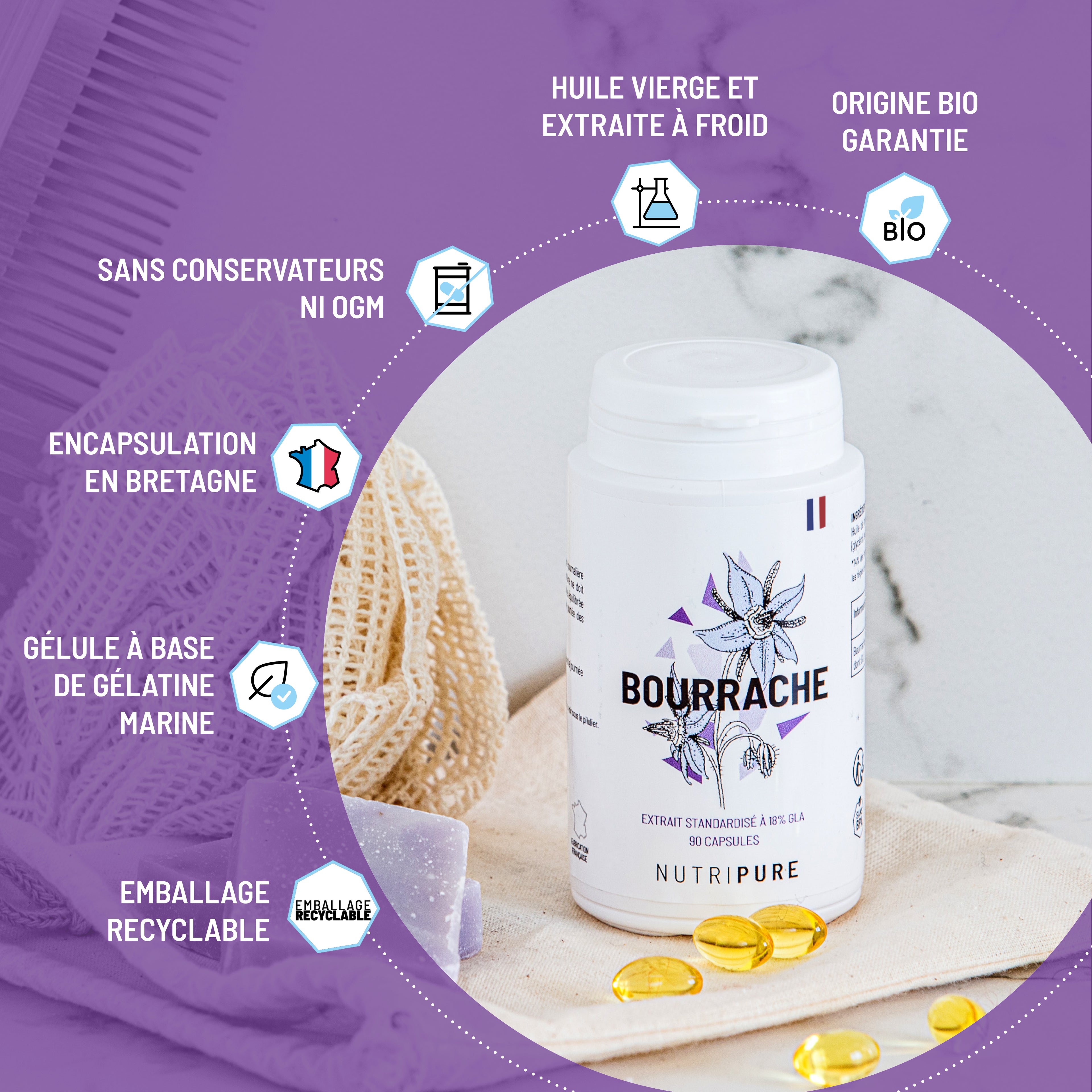 Huile de Bourrache Bio Nutripure - Acide Gamma Linolénique (GLA)