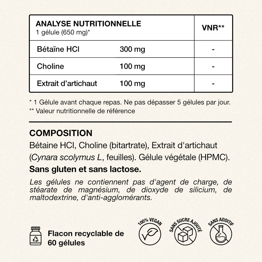 DIGE-R – Bétaïne HCl - Complément Digestion Difficile et Détox Foie