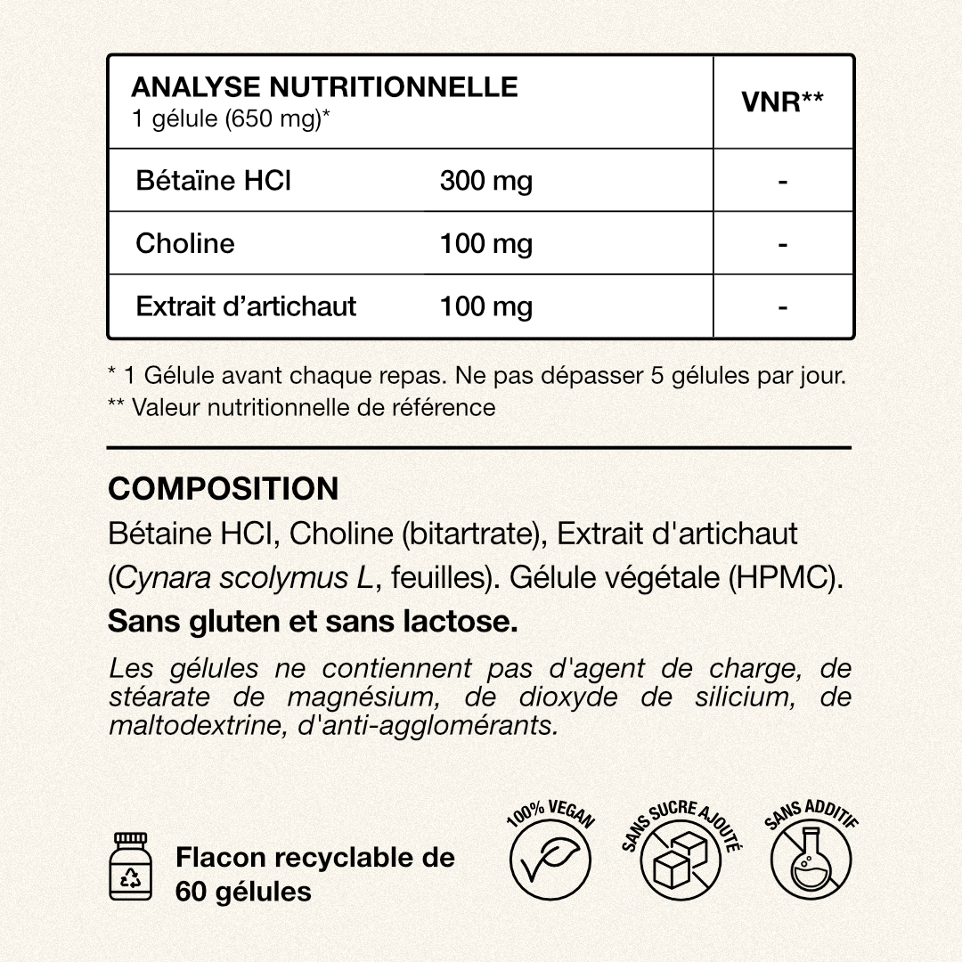 DIGE-R – Bétaïne HCl - Complément Digestion Difficile et Détox Foie