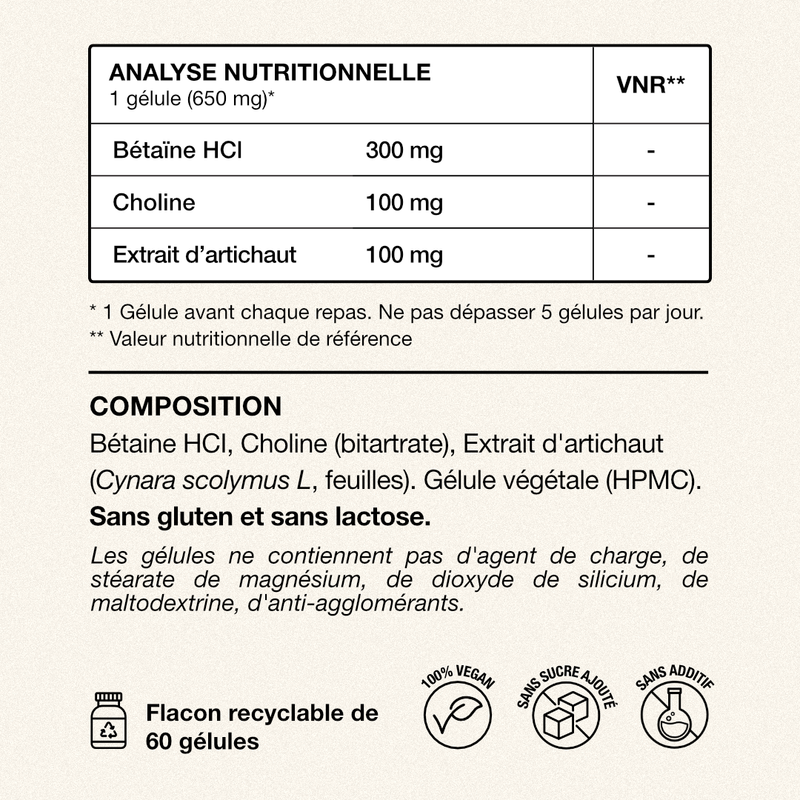 DIGE-R – Bétaïne HCl - Complément Digestion Difficile et Détox Foie