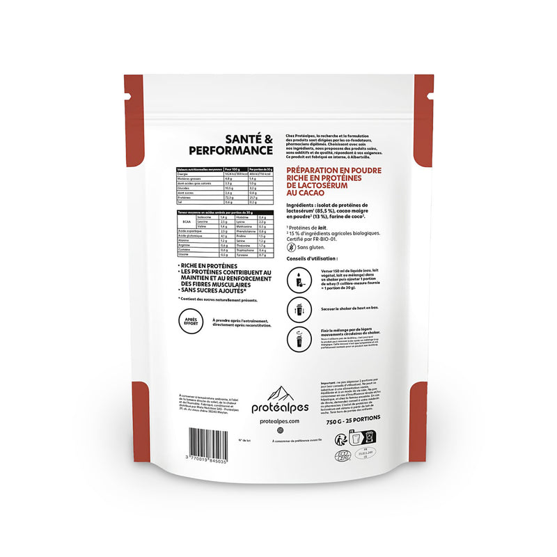 WHEY sans sucre ajouté cacao Protéalpes 750g dos