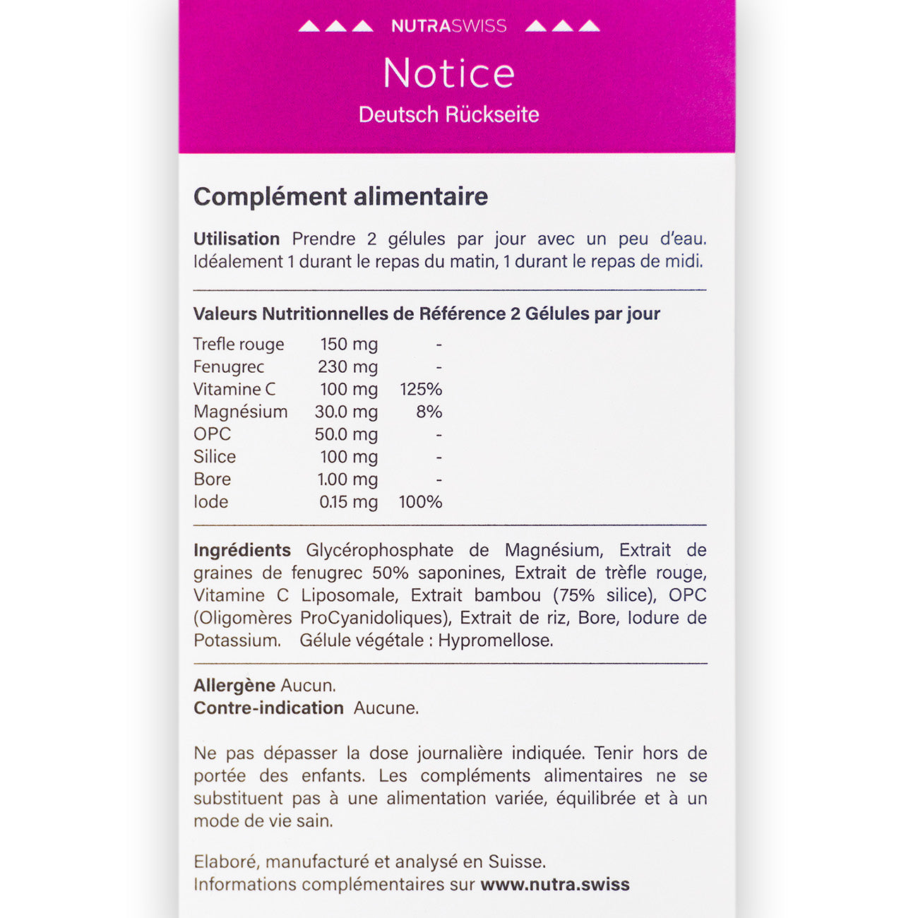NutraSwiss Méno Confort Préménopause et Ménopause Notice